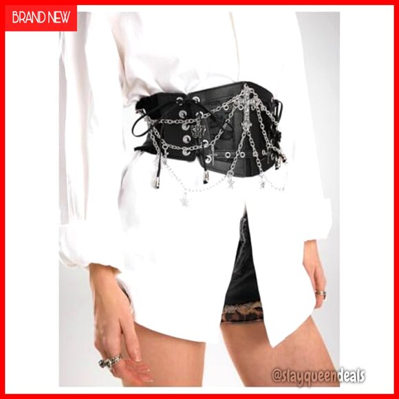 Faux Leather Corset Belt with Chain Lace Up Side Elastic Waist main image 5